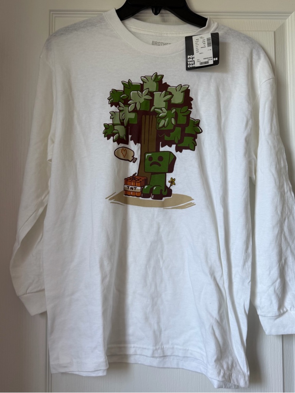 New Minecraft Creeper Tree Graphic Long Sleeve Tee - White Size 14/16